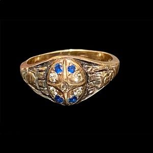 SOLD - 10K Yellow Gold Class Ring, diamond accent stones & blue spinels.